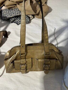 Gold croc print handbag with adjustable straps